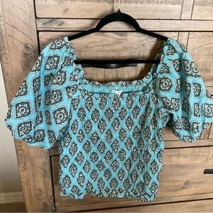 Maurices Blue and Black Puff Sleeve Smocked Blouse
